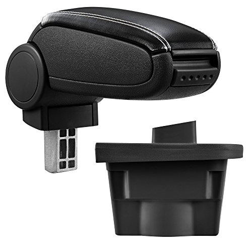 ProTec Car Apoyabrazos Perfekt Fit Center Console + Inkl. Cubierta de cuero de almacenamiento caja de imitación para negro cosido blanco (cubierta de cuero)