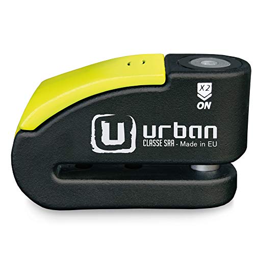 urban Security 999 candado antirrobo Disco con Alarma 120dba + Warning, Alta Seguridad Homologado CLASSE Sra, Eje 14 mm, Made in EU, Negro/Amarillo