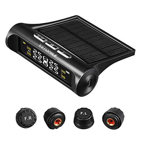 VETOMILE Solar Sistema de Monitoreo de Presión de Neumáticos TPMS Inalámbrico de Energía Solar Medidor de Presión y Temperatura de los Neumáticos con 4 Sensores Externos