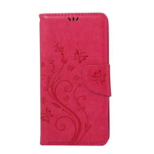 WindTeco Funda Aquaris M4.5, Retro En Relieve Mariposa y Flor Patrón Carcasa Cartera Flip de Piel PU Libro Billetera con Función de Soporte y Ranuras de Tarjeta para BQ Aquaris M4.5, Magenta