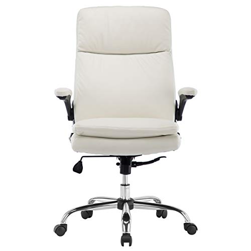 YAMASORO Silla ergonómica de Oficina, Silla de Escritorio para Ordenador con Brazos Plegables, cómodo y con Respaldo de Apoyo Silla de Oficina, Cuero, Blanco …