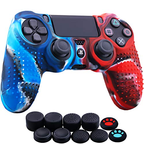 YoRHa Tachonado Puntos Silicona Caucho Gel Personalizando Cubrir Fundas Cover para Sony PS4/Slim/Pro Mando x 1 (Camou Rojo y Azul) con Pro Asideros Thumb Grips x 10