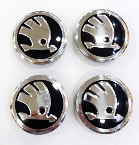 4x Tapas centrales de rueda de aleación de coche Emblema de buje de rueda Insignia 57 mm Cromo negro Mejor ajuste para ruedas Skoda