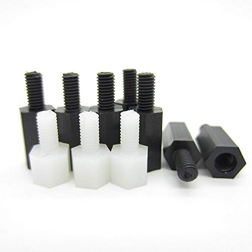 50 piezas M2 / M2.5 / M3 / M4 * L + 6 mm Rosca Negro/blanco Tornillo espaciador de plástico para placa base PCB Pilar espaciador de nailon fijo, Negro, M2.5 (50PCS)