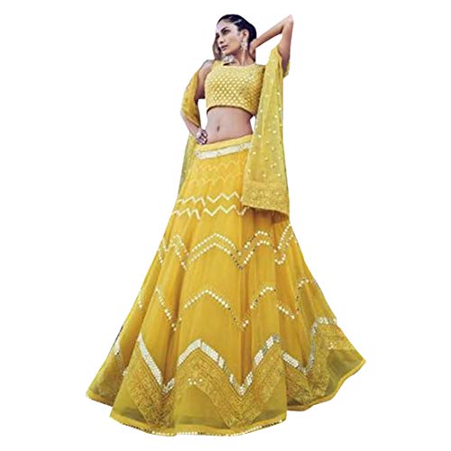 Amarillo Espejo De Trabajo De La Red Indio De La Boda Haldi Ceremonia Tema Fiesta Lehenga Choli Falda Blusa Top Mujeres Punjabi 8921