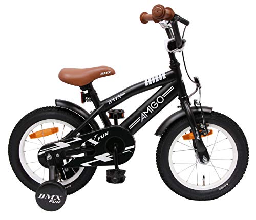 Amigo BMX Fun - Bicicleta Infantil de 14 Pulgadas - para niños de 3 a 4 años - con V-Brake, Freno de Retroceso, Timbre y ruedines - Negro Mate