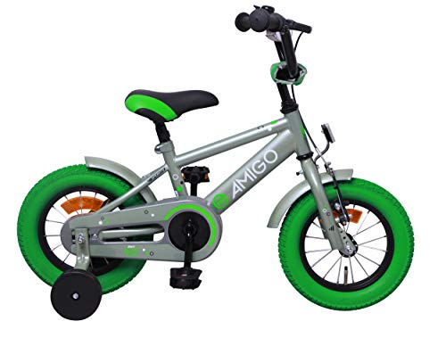Amigo Sports - Bicicleta Infantil de 12 Pulgadas - para niños de 3 a 4 años - con V-Brake, Freno de Retroceso, Timbre y ruedines - Verde Oliva