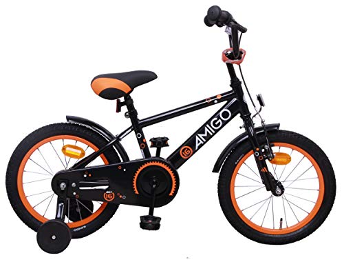 Amigo Sports - Bicicleta Infantil de 16 Pulgadas - para niños de 4 a 6 años - con V-Brake, Freno de Retroceso, Timbre y ruedines - Negro