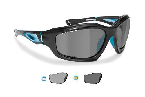 BERTONI Gafas de Sol Deportivas Polarizadas Fotocromáticas para Deporte Ciclismo MTB Pesca Esqui Golf Running Kitesurf - P1000FT Italy (Negro Mate - Azul)