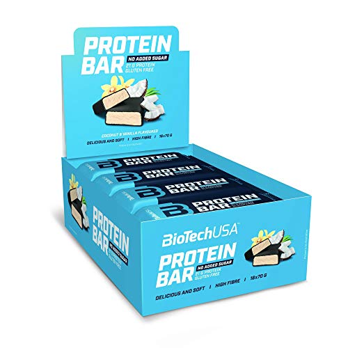 BioTechUSA Protein Bar - barrita de proteínas con alto contenido proteico, sin azúcar añadido, con proteína del suero y colágeno, 16 * 70 g, Vainilla-Coco