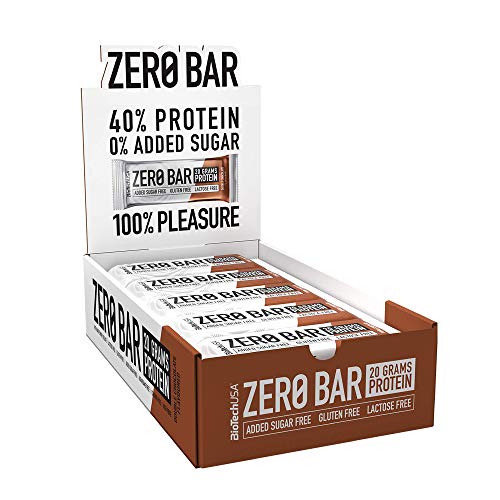 BioTechUSA Zero Bar Barrita de proteínas con alto contenido proteico, sin azúcar añadido o aspartamo, libre de lactosa y gluten, con edulcorantes, 20 * 50 g, Doble chocolate