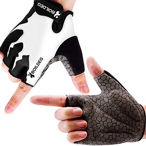 boildeg Guantes de Ciclismo de Bicicleta Guantes de Bicicleta de Carretera de Medio-Dedo para Hombres Mujeres Acolchado Antideslizante Transpirable (Blanco, L)