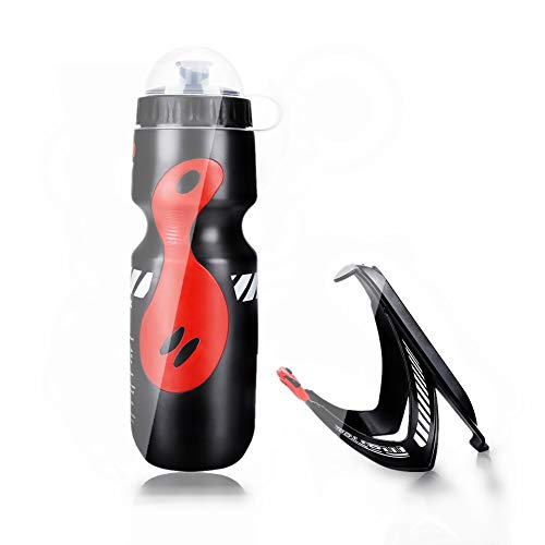 Botella de Agua Deportiva, Botella de Agua de Deportes 650ml con Soporte de Bicicleta Soporte de Jaula para Bicicletas de Montaña de Ciclo(Black+Red)