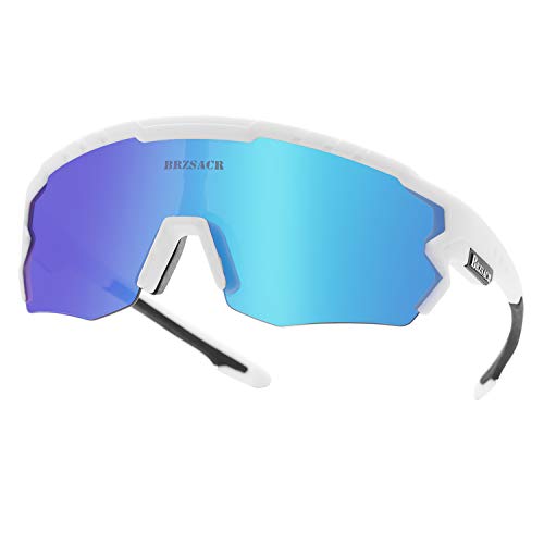 BRZSACR Gafas De Sol Polarizadas para Ciclismo, UV 400 Protección Gafas Deportivas Polarizadascon 3 Lentes Intercambiables UV400 MTB Bicicleta Montaña para Hombre Mujer 2019 Nuevo. (Azul Blanco)