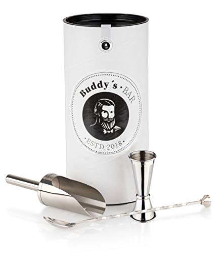 Buddy's Bar - Set pequeño para Gin-Tonic, medidor jigger de 2,5cl / 5cl, cucharilla de cóctel de 27cm & pala de hielo, aspecto acero inoxidable brillante, set de longdrink con caja de regalo