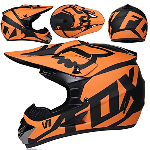 Casco Motocross Niño 5~12 Años ECE Homologado Casco Moto Integral Unisex para Moto Cross Descenso Enduro MTB Quad BMX Bicicleta (Gafas+Máscara+Guantes) con Diseño Fox -NY-01 - Mate Negro Naranja,L