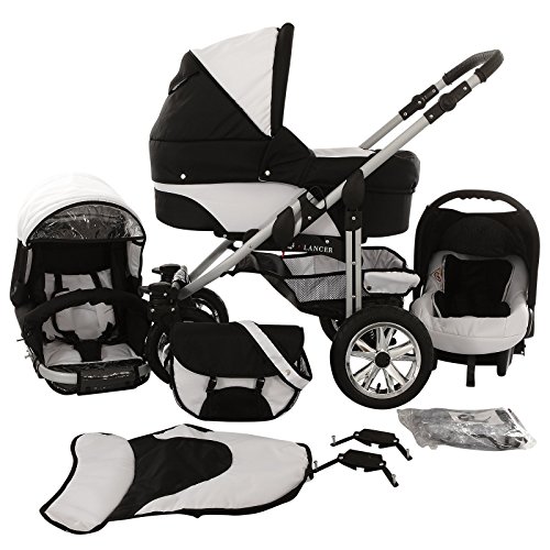 Chilly Kids Matrix Lancer 4 in 1 Cochecito Combinado (asiento del coche con la base ISOFIX, cubierta para la lluvia, mosquitero, ruedas giratorias de 14 colores) 56 negro & blanco