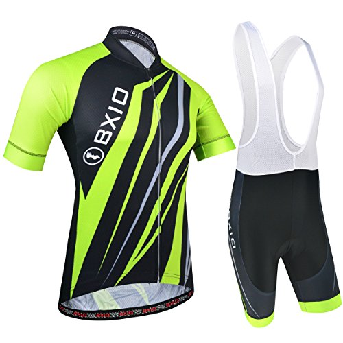 Ciclismo Conjunto de Ropa, Maillot Ciclismo y Culotte Pantalones Cortos con Banda elástica, 3 Bolsillos Traseros, Malla Transpirable y Cremallera Completa, Verde y Negro, XL