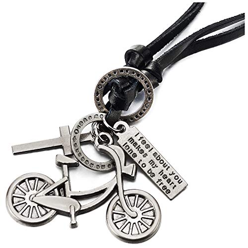 COOLSTEELANDBEYOND Unisex Vintage Cruz Bicicleta Colgante, Collar de Hombre Mujer, Negro Cordón de Cuero Ajustable, Unico