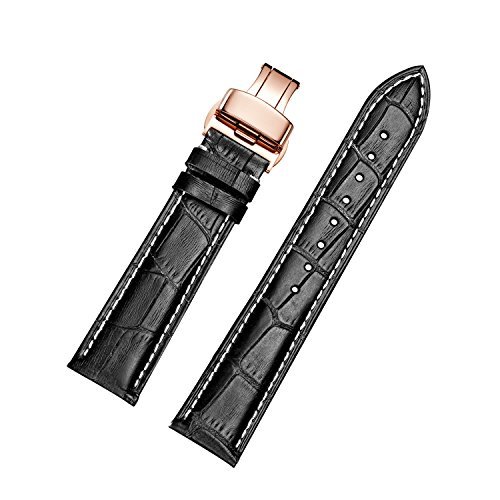 Correas de Reloj de Cuero de Becerro jiexima con Hebilla desplegable de Oro Rosa (20 mm, Negro)