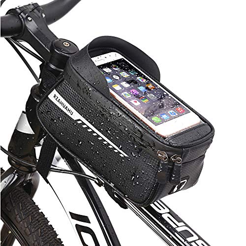 JEPOZRA Bolsa de Bicicleta, Bolsas Impermeable para Bicicleta de Montaña con Pantalla Táctil y Visera, Bolso del Marco de la Bici para Teléfonos Móviles de Menos 6.5 Pulgadas (con el Visera)