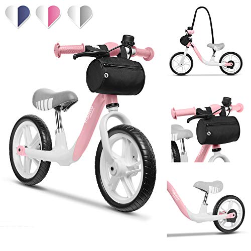 Lionelo Arie Bicicleta de equilibrio 39 x 88 x 64 cm Para niños de hasta 30 kg Ruedas de 12 pulgadas Freno de mano Manillar y sillín ajustables y cómodos Cinturón para transporte Rosa