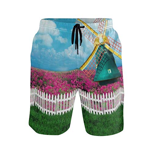 LISNIANY Bañador Hombre，Flor Rosada Flor con Molino de Viento holandés clásico país Primavera Imagen，Natación Secado Rápido Malla Pantalones Imprimiendo Cortos(XXL)