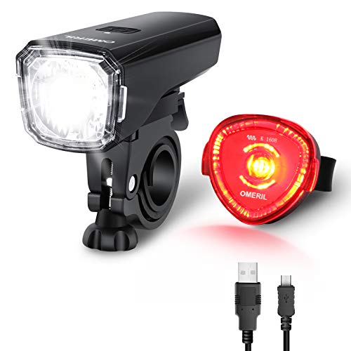 Luces Bicicleta Delantera y Trasera, OMERIL Luz Bicicleta Recargable LED Impermeable IPX6 con Luz Trasera Protección Antideslumbrante para Ciclismo Carretera y Montaña para la Noche