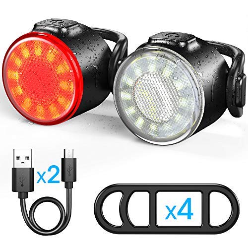 Luces Bicicleta, Luces Delanteras y Traseras Recargables USB, Impermeable LED Luz Bicicleta, 5 Iluminación Modos Luz de Alerta, Luces Seguridad para Ciclismo de Montaña y Carretera (Modelo 2)