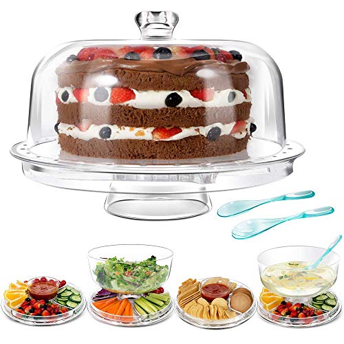 MASTERTOP 6 en 1 Soporte para Tartas - Multifuncional y Transparente (31,5 x 22,5 CM) , con Cubierta de Domo, Bandeja Pasteles y Ensaladas para Fiesta Picnic Barbacoa, con 2 Servidor de Fruta