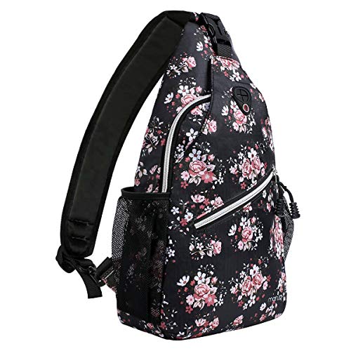 MOSISO Bolso de Honda, Poliéster Repelente de Agua Duradero Pecho Hombro Desbalanceada Gimnasia Fanny Ligero Crossbody Saco Satchel al Aire Libre Excursión Mochila Daypack, Base Floral Negra