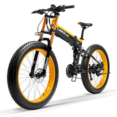 Nueva T750Plus bicicleta de eléctrica, bicicleta de nieve con sensor de asistencia a pedales de 5 niveles, batería de ion de litio de 48V 14.5Ah, mejorada horquilla (Amarillo, 1000W Estándar)