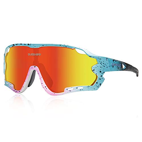 Queshark Gafas de Ciclismo para Hombre Mujer Bicicleta de Carretera 1 Lente Polarizada 3 HD UV400 Lente 10 Colores (Azul Rosado)