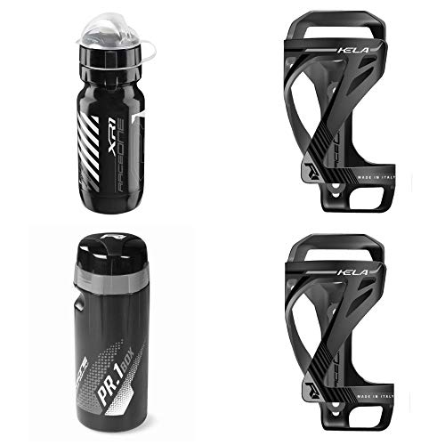 Raceone - Kit Race Trio KELA (4 PCS): 2 Porta Bidon KELA + Bidon de Ciclismo XR1 + Toolbox PR1 Bici Carrera de Ruta/Bicicleta de Montaña MTB/Gravel Bike. 100% Made IN Italy