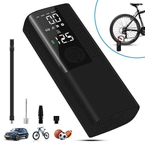 Reesibi Compresor Aire Portatil Mini Bomba Pump de Batería 2000mAh 120PSI, Compresor Inflador Electrico Pump Coche Bici Moto Scooters, 3 Boquillas Adaptadores, Desinflar, Luz LED, Negro