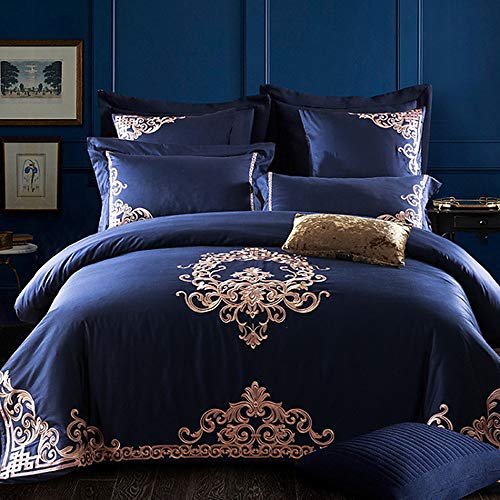 Ruixinshi Conjuntos de edredón Poly Floral Jacquard de Algodón Ropa de Cama 4 Piezas Establece,Doble,Azul Oscuro,Soft de Navidad Año Nuevo Bedline Ropa de Cama