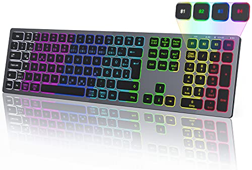 Seenda Teclado inalámbrico iluminado con 4 canales Bluetooth, teclado ultrafino recargable con 7 colores de iluminación QWERTZ, teclado inalámbrico para Windows/iOS/Mac OS/Android, color gris