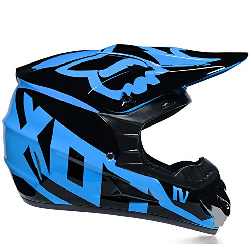 Super-ZS Casco De Motocross, con Gafas Máscara Guantes Negro Azul Casco De Bicicleta De Montaña De Cara Completa Conjunto De Casco para Adultos