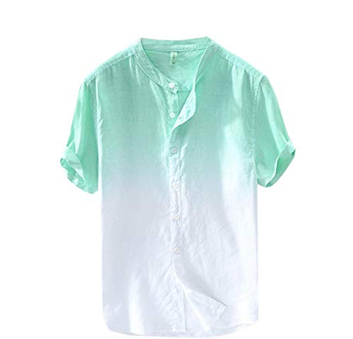 TUDUZ Camisas Transpirable Fresca y Delgada de Linon Ropa con Cuello de Botón Top Degradado Teñido Camisetas Hombre Manga Corta (Verde-B, XL)