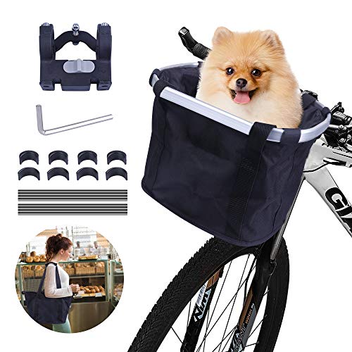 Vikaster Cesta Bicicleta Delantera Desmontable,Cesta Plegable para Bicicletas Bolsa de Transporte de Mascotas con Marco de Aleación de Aluminio Cesta Bici para Perros Gatos,Bolsa de Compras Ecológica