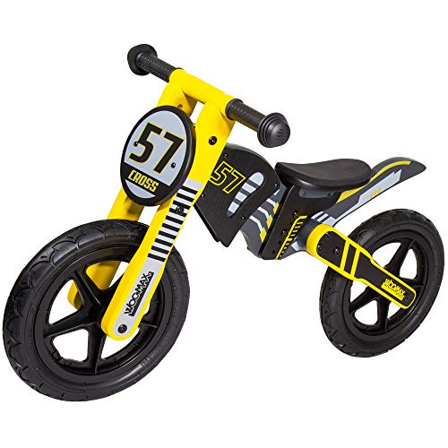 WOOMAX - Bici sin pedales madera, moto cross, bici moto, moto sin pedales para niños, , bici para niños de 2 a 5 años, 25 Kg, color negro y amarillo, de madera (85370)