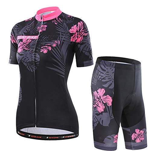 ZEROBIKE Kit de Manga Corta Jersey de Ciclo Bici del Camino para Mujer, Conjunto Ropa Al Aire Libre Transpiración para La Bicicleta(Azalea, M)