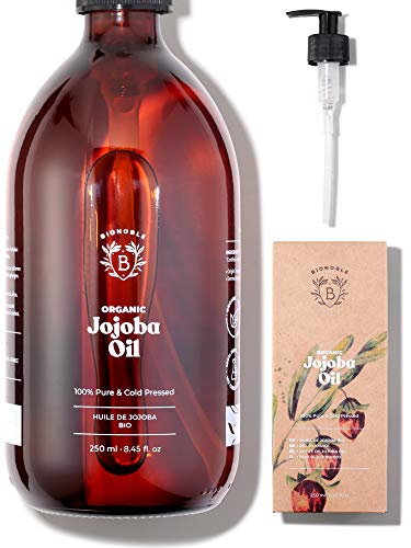 ACEITE DE JOJOBA ORGÁNICO | 100% Puro, Natural y Prensado en Frío | Rostro, Cuerpo, Cabello, Barba, Uñas | Vegano y Cruelty Free | Jojoba Oil | Botella de Vidrio + Bomba (250ml)