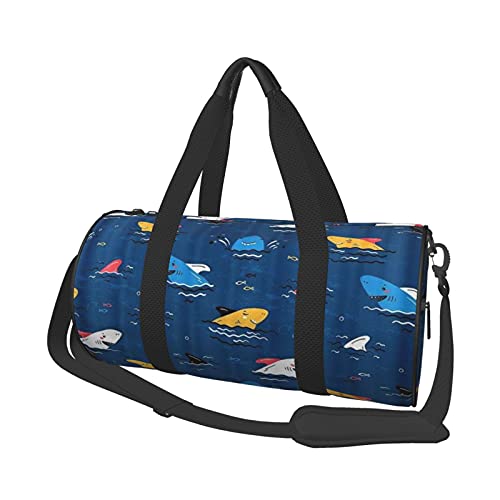 ADONINELP Tote de Viaje Bolsa de Lona Aletas de tiburón de Dibujos Animados Coloridos Olas del mar, Cilindro Bolsa de Viaje Lona de Moda Ligera Correa de Transporte Bolsa de Equipaje