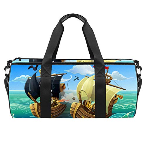 Attack of Pirates On A Merchant Ship - Bolsa de deporte para gimnasio, bolsa de viaje cilíndrica con bolsillo mojado, ligera, bolsa de entrenamiento con correa para el hombro para hombres y mujeres