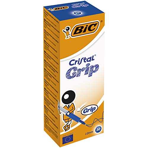 BIC Cristal Grip - Bolígrafos con tapa (trazo de 1 mm, 20 unidades), color azul