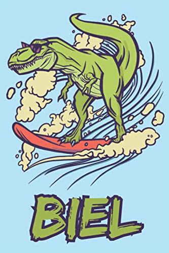 Biel: Surfing Dinosaur T-Rex Boys Name Dino Dinos Biel, Lined Journal Composition Notebook, 100 Pages, 6x9, Soft Cover, Matte Finish, Back To School, Preschool, Kindergarten, Kids