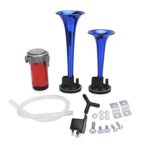 Bocina del coche, trompeta de tubo doble de 12V Bocina de la bomba de aire del coche Bocina neumática Súper fuerte Alarma de aire Bocina Accesorios del coche(Azul)