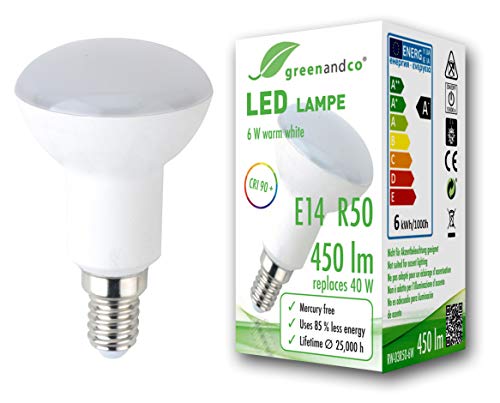 Bombilla LED greenandco® IRC 90+ E14 R50 6W (corresponde a 40W) opaca 450lm 3000K (blanco cálido) 160° 230V AC, sin parpadeo, no regulable