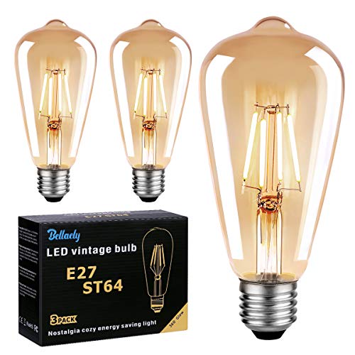 Bombillas Vintage E27 LED, Bombilla Filamento LED ST64 4W Equivalente a 40W, 400LM 2700K E27 Retro Edison Bombillas Decorativas Lámpara Ambar Cálido, No Regulable - Pack de 3